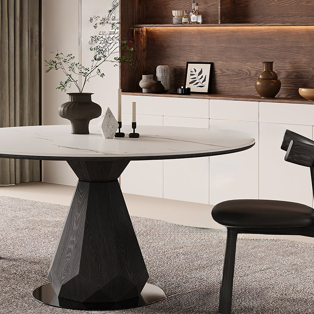 53.1" Creative Round Dining Table Black Wooden Base with Marble Effect Top
