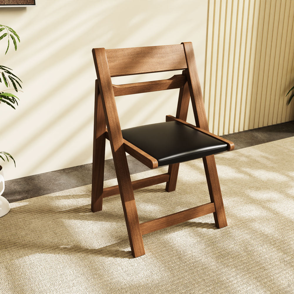 4PCS Folding Chair Solid Wood with Black Leather Seat Space-Saving Durable Elegant Design