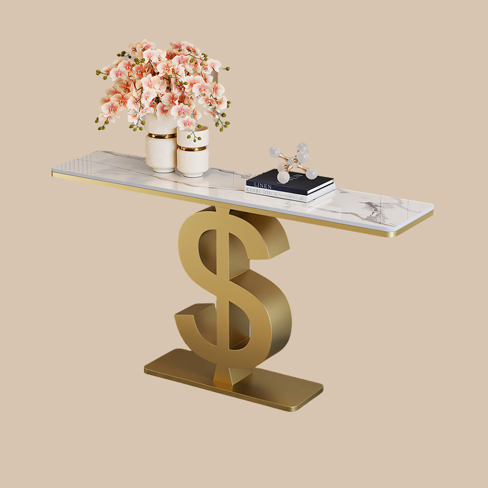Elegant Gold Sign Base Console Table with Marble Top