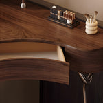Load image into Gallery viewer, Modern Corner Vanity Desk with Mirror Walnut Finish Makeup Table with Storage Drawers with Stool
