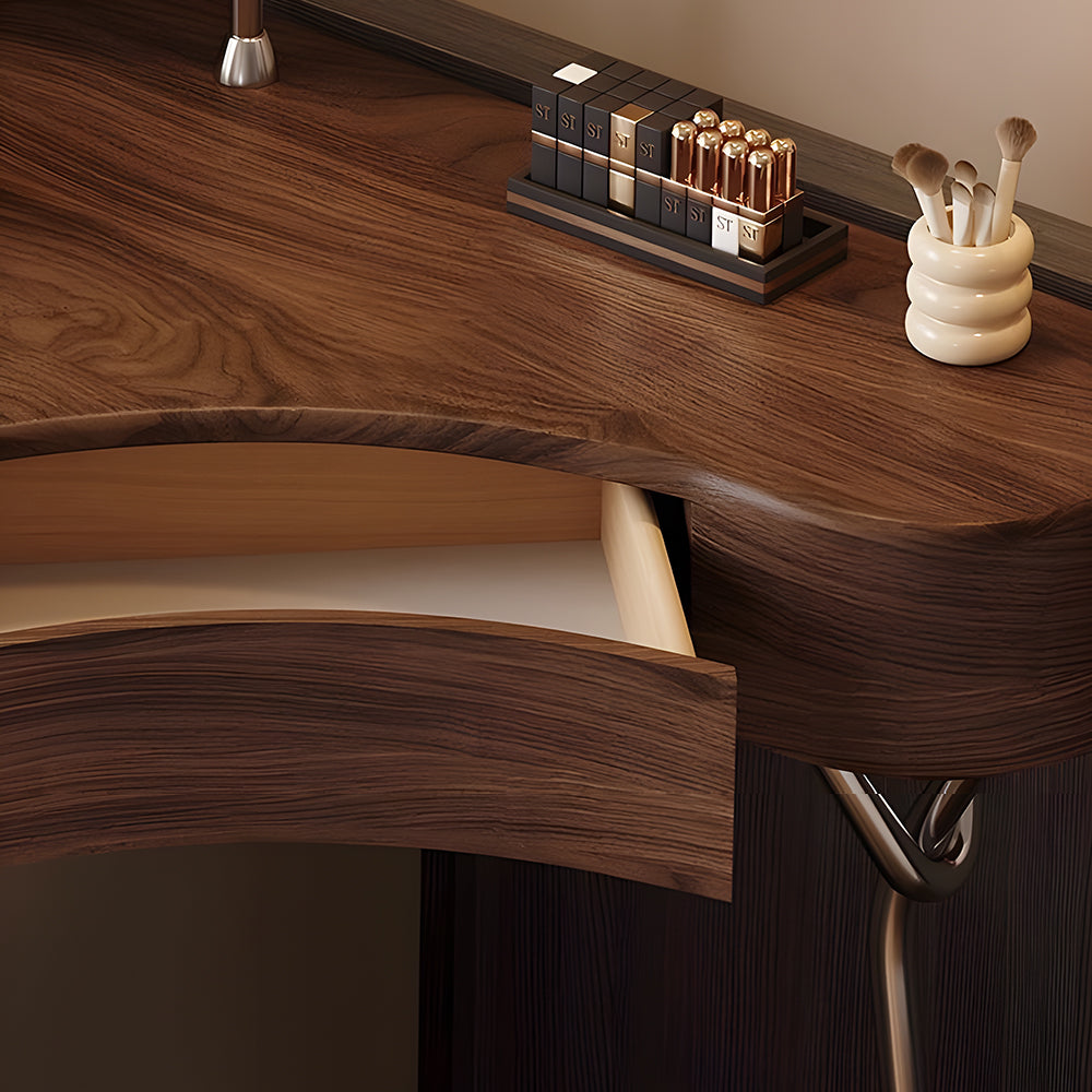 Modern Corner Vanity Desk with Mirror Walnut Finish Makeup Table with Storage Drawers with Stool