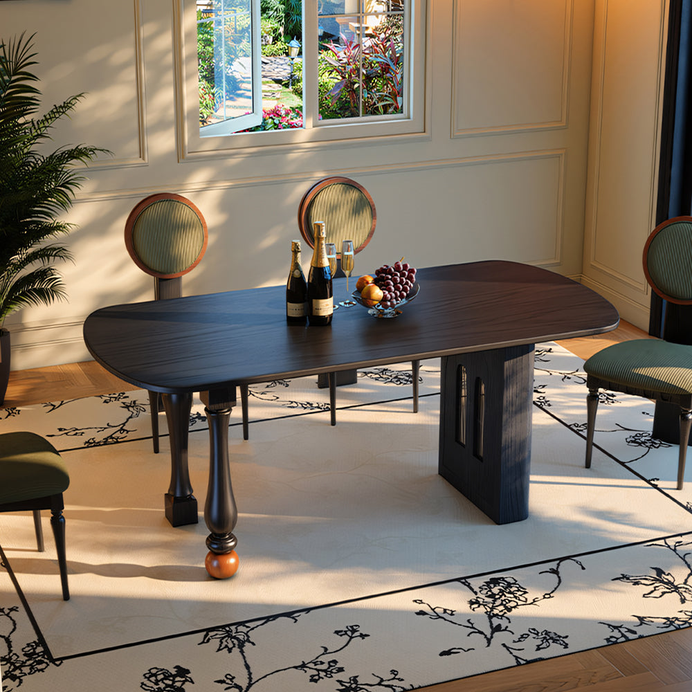 Modern Sculptural Dining Table Solid Wood Black Finish Pedestal Base Minimalist Dining Table