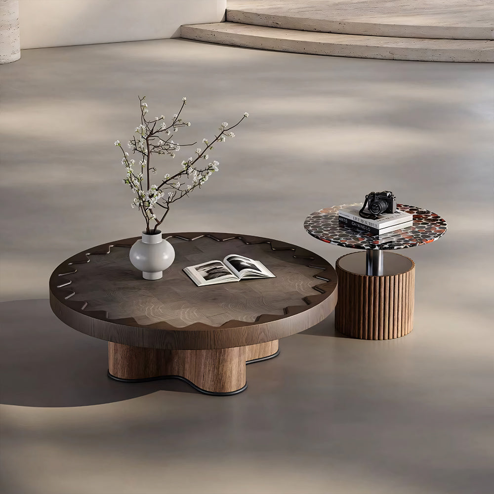 Modern Round Coffee Table Set with Sculptural Base & Glass Accent Side Table Luxury Contemporary Living Room Furniture