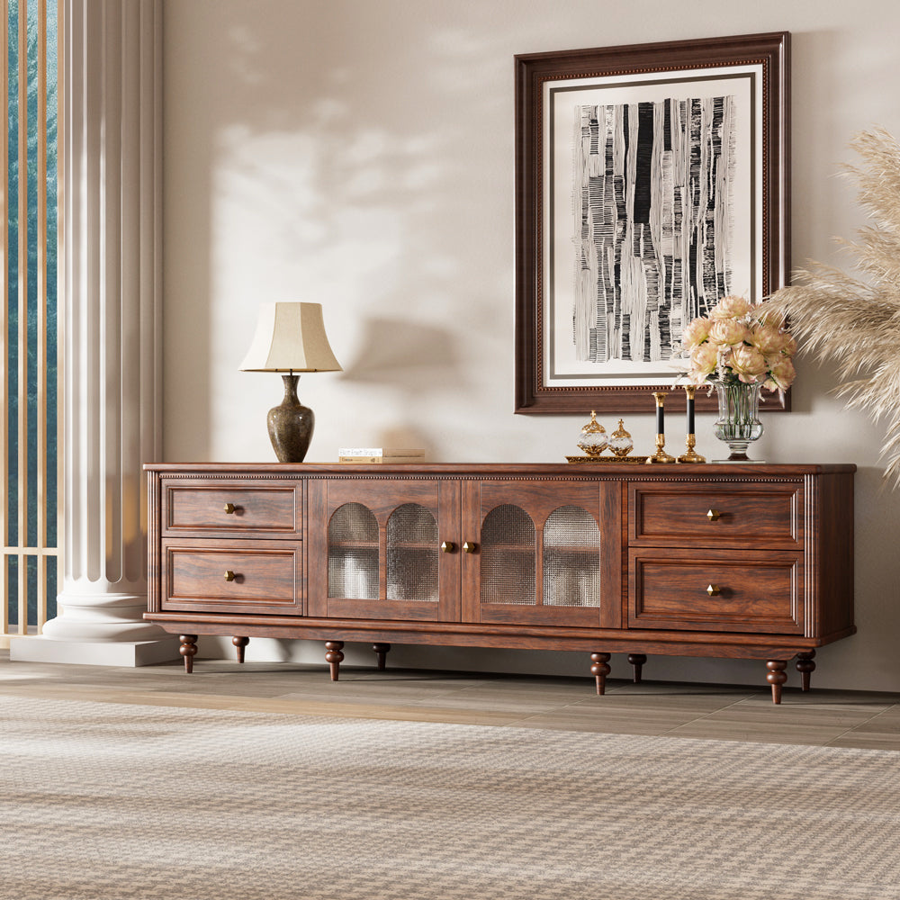 78'' Neo-Chinese Style TV Cabinet Solid Wood Drawers Arch Glass Doors Elevated Storage Base