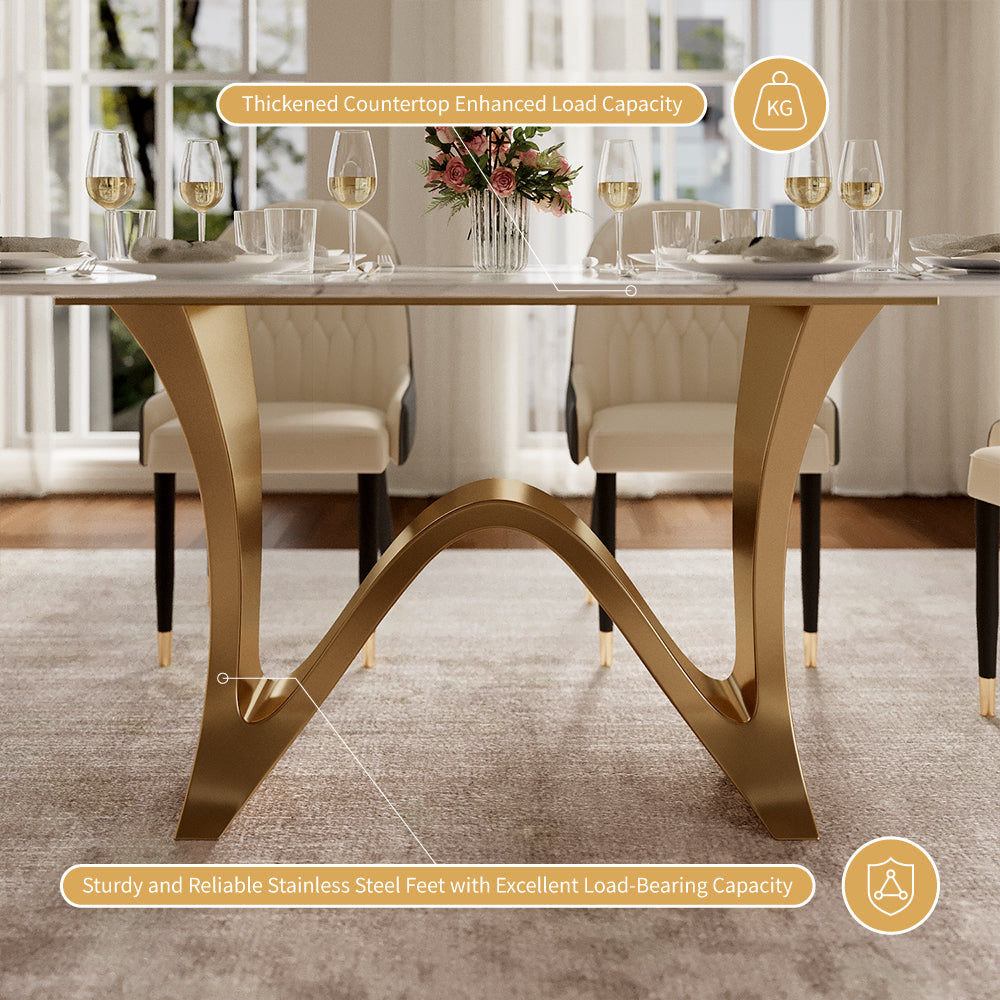 Square Dining Table with Sculptural Gold Base and Exquisite Marble-Look Surface for 4-6 People