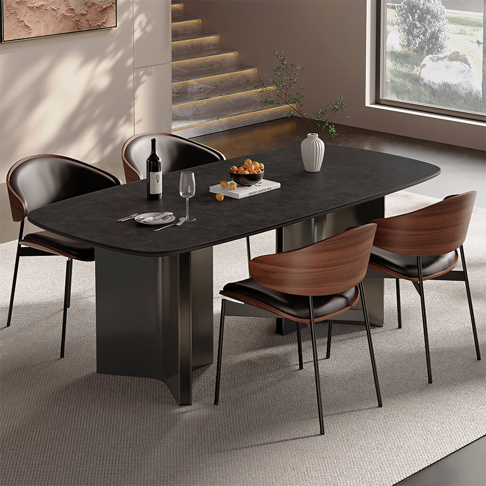Modern Dining Table Oval Stone Texture Tabletop with Stainless Steel Pedestal Base Minimalist Dining Table