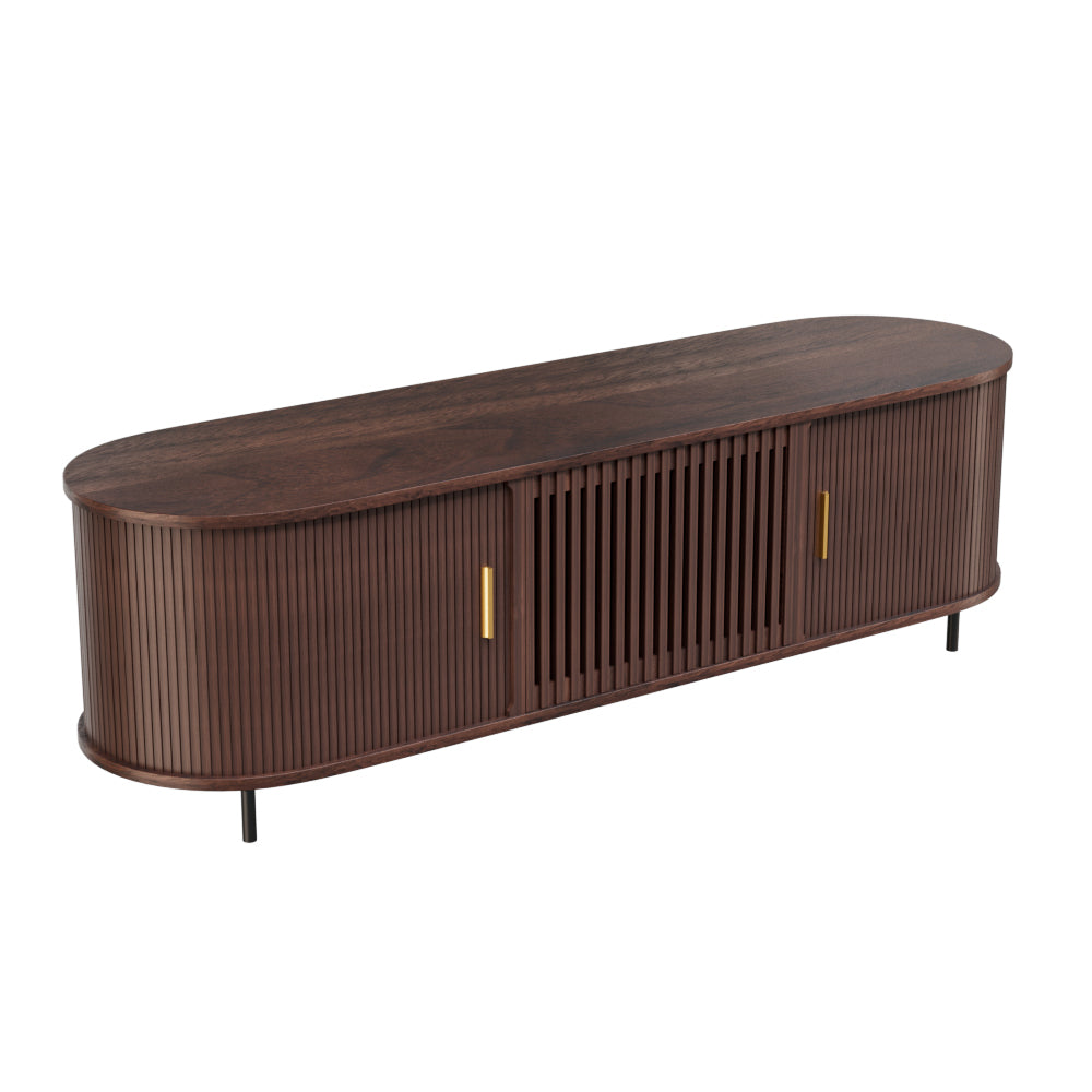 70.2'' Walnut Curved TV Stand Vertical Textured Design with Metal Handles