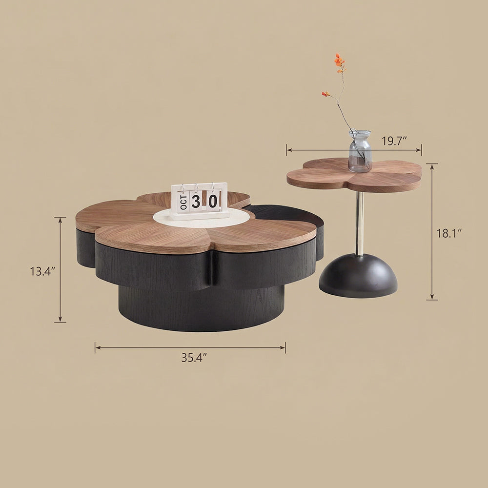 Modern Flower Shape Coffee Table Set with Storage Wooden Center Table and Matching Side Table