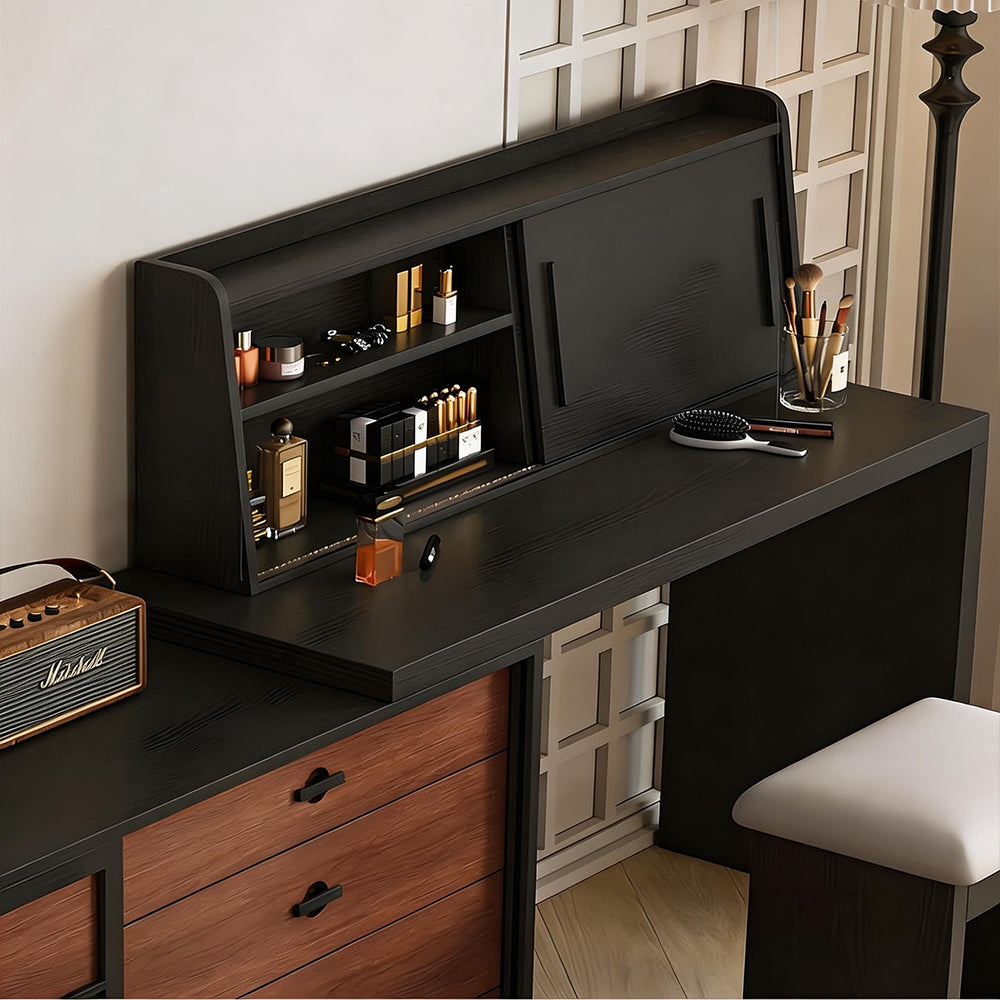 Modern Japandi Vanity Desk with Storage Cabinet Walnut Finish Makeup Table with Drawers Black Frame with Stool