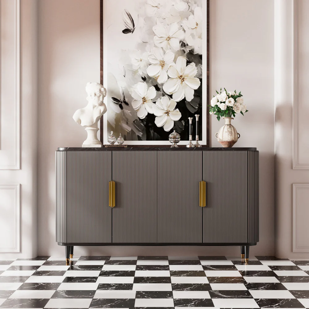 Modern Luxe Dining Suite Elegant White Extendable Table & Gray-Gold Sideboard Set