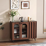 Load image into Gallery viewer, 35.4'' Modern Walnut Sideboard with Arched Fluted Glass Doors Buffet Cabinet with Carved Panels &amp; Metal Legs
