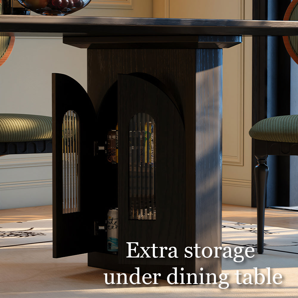 Modern Sculptural Dining Table Solid Wood Black Finish Pedestal Base Minimalist Dining Table