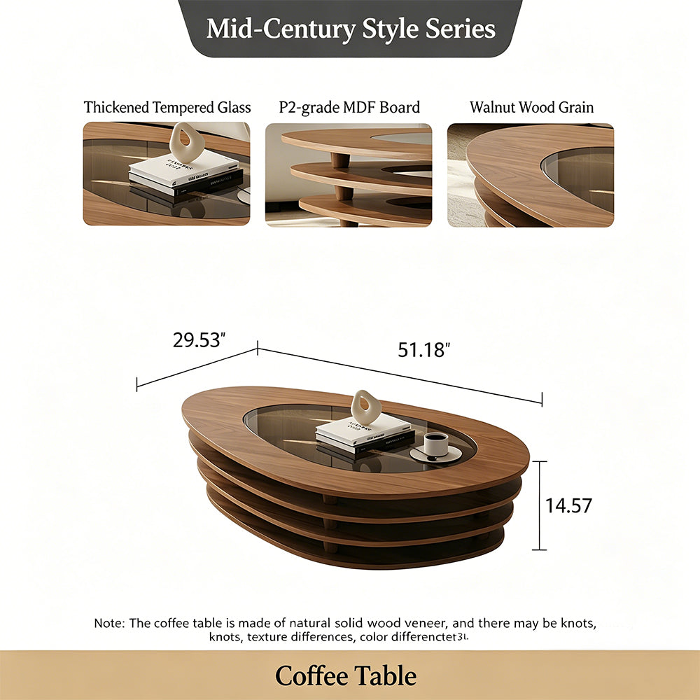 Modern Oval Wood Coffee Table with Glass Inlay Sculptural Layered Base