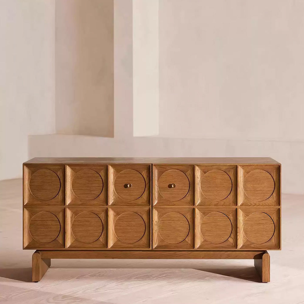 62.99" Rustic Media Console with Circular Textured Doors and Concealed Storage and Cable Cutouts