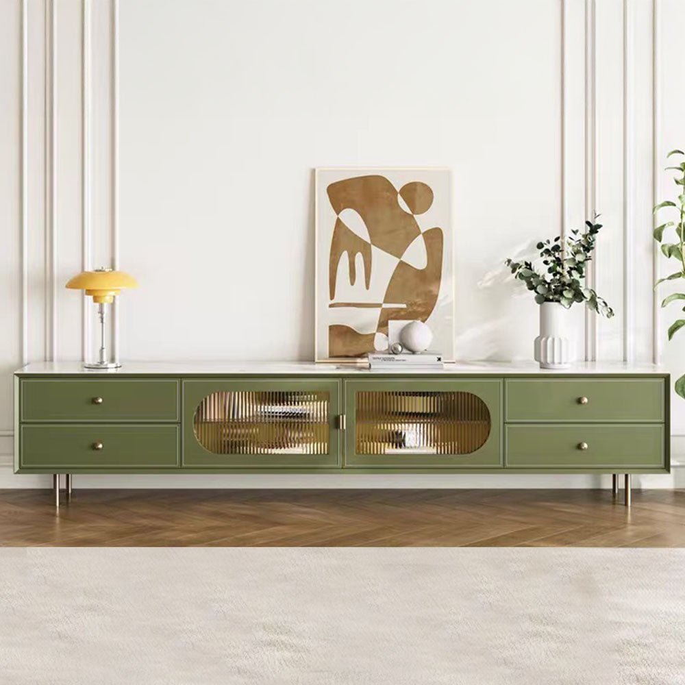 70.87" Modern Green TV Stand with Gold-Ribbed Glass Doors & Storage Drawers