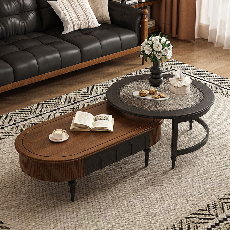 46.8" Nesting Coffee Table Set Water Ripple Glass Dual Side Drawer Walnut Vintage Style