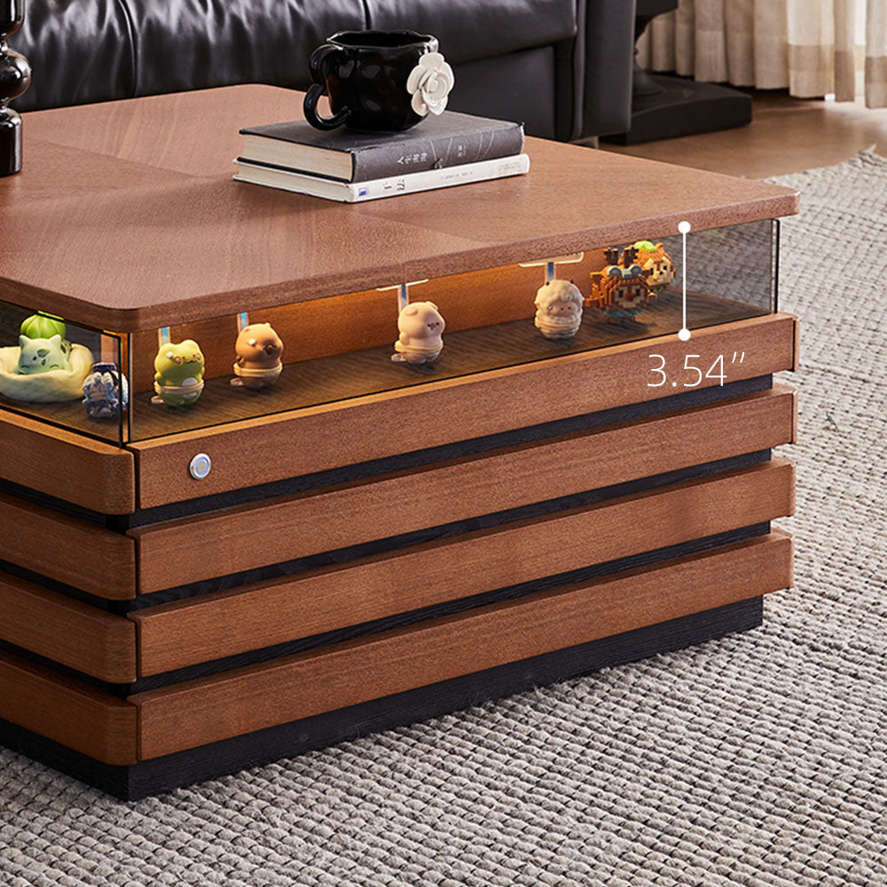 29'' Square Walnut Coffee Table with Built-In LED Display Shelf