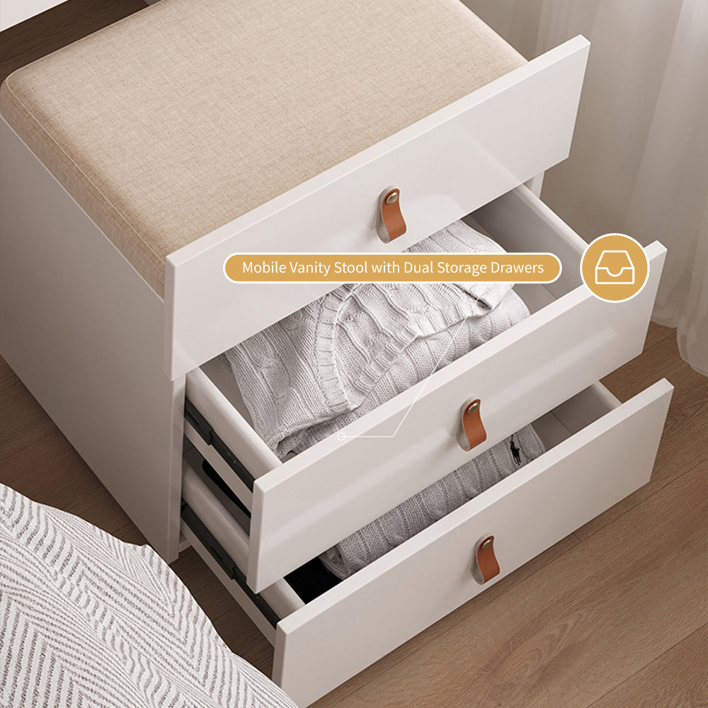 Functional Makeup Vanity Built-in Mirror Organized Storage Drawers Rolling Stool