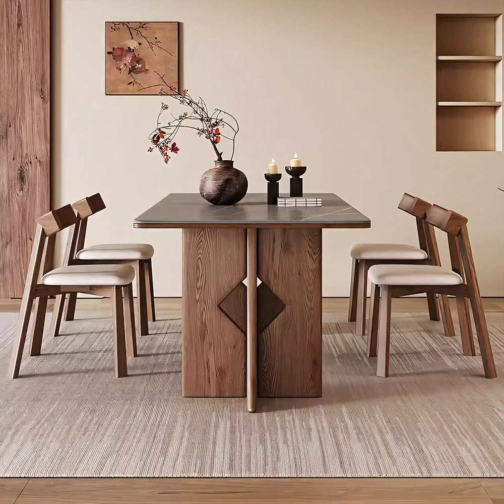 Dining Table Stone-Look Ceramic Top Solid Wood Base Modern Minimalist Design