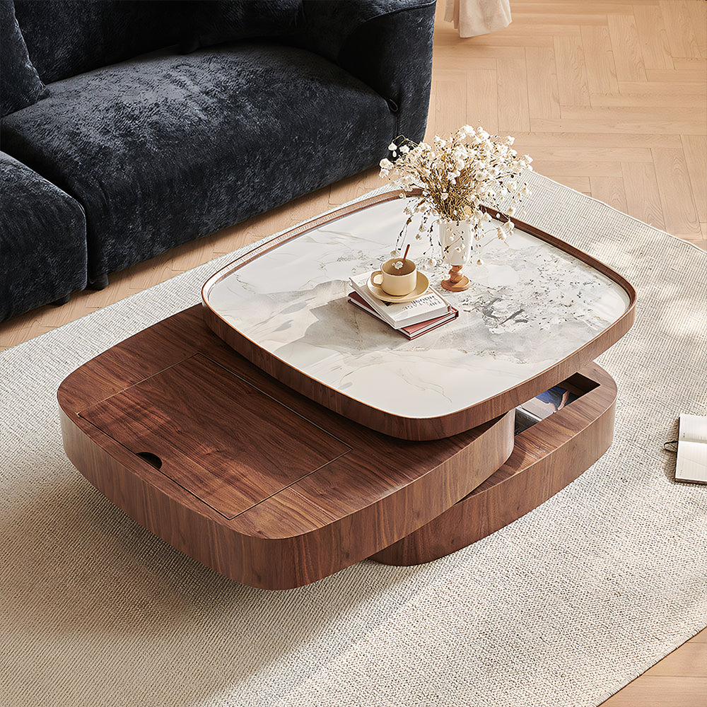 34.7'' Modern Solid Wood Coffee Table with Marble Top Hidden Storage Rounded Minimalist Design