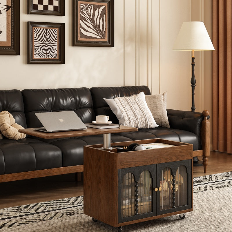 26'' Vintage Rolling Coffee Table with Storage | Glass Paneled Cabinet Doors + Hidden Compartment + Compact Design