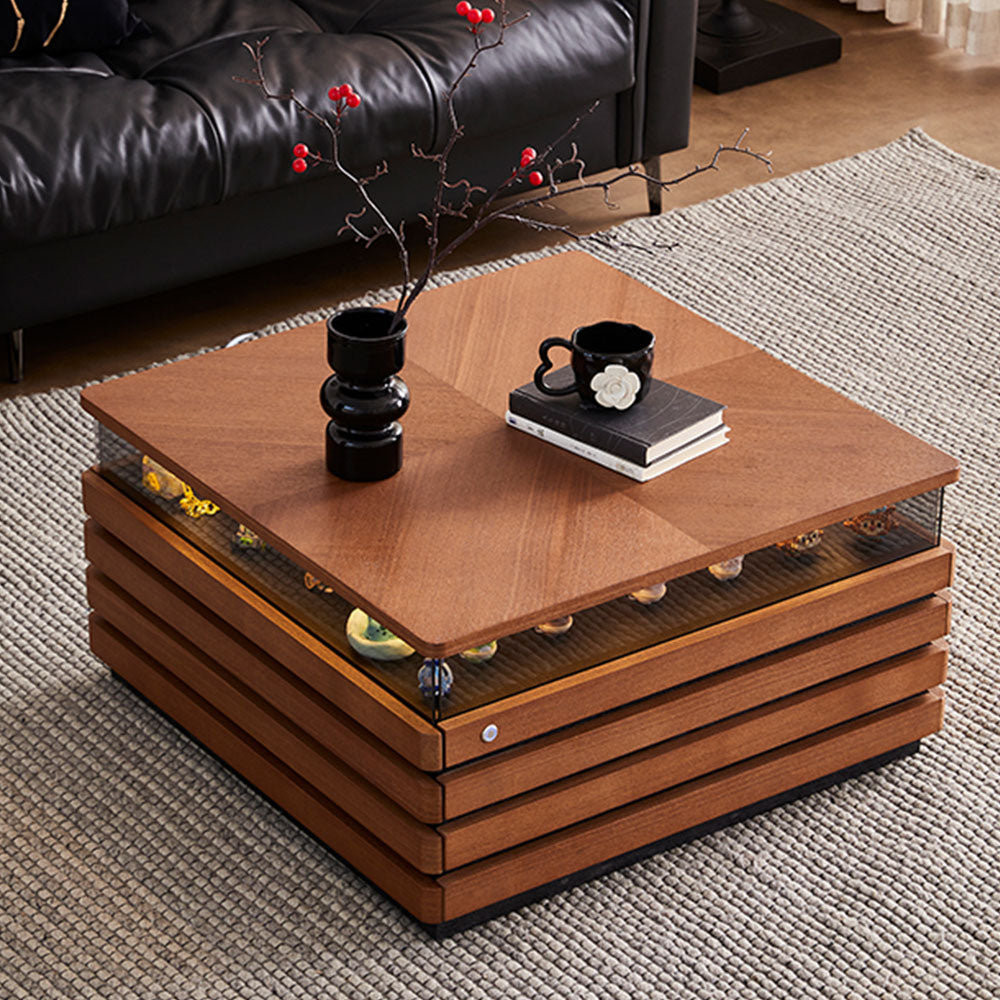 29'' Square Walnut Coffee Table with Built-In LED Display Shelf