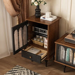 Load image into Gallery viewer, 17&#39;&#39;Vintage Glass Door Cabinet with Arched Panels | Black and Walnut Finish + Turned Legs + Enclosed Storage
