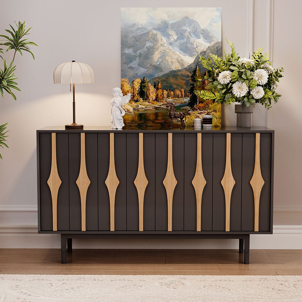 55.1'' Modern Black & Natural Wood Sideboard Cabinet with Decorative Slatted Doors