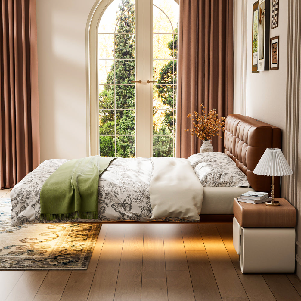 Modern Floating Bed with LED Lighting & Upholstered Headboard