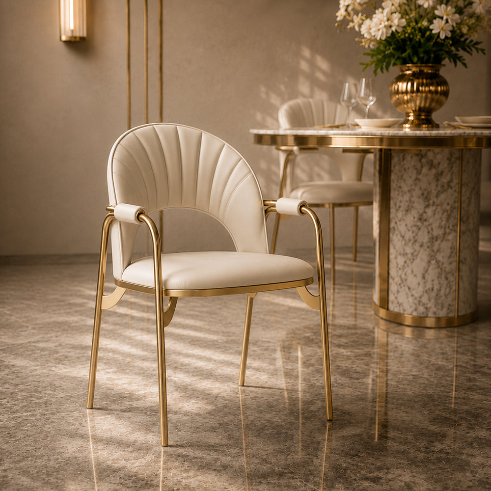 Modern Upholstered Dining Chair Set of 2 with Gold Stainless Steel Frame and Curved Backrest