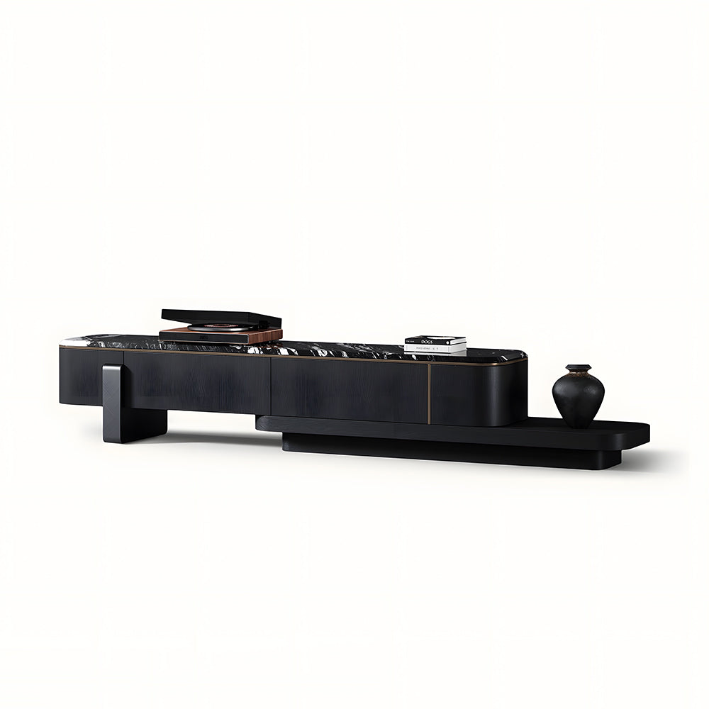 Modern Extendable TV Stand with Marble Top and Black Wood Finish