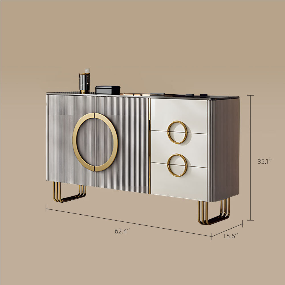 62.4" Sleek Modern White and Gold Buffet Cabinet with Circular Accents