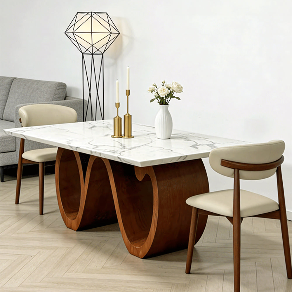 Modern Sintered Stone Dining Table with Sculptural Solid Wood Base Kitchen Table for 6