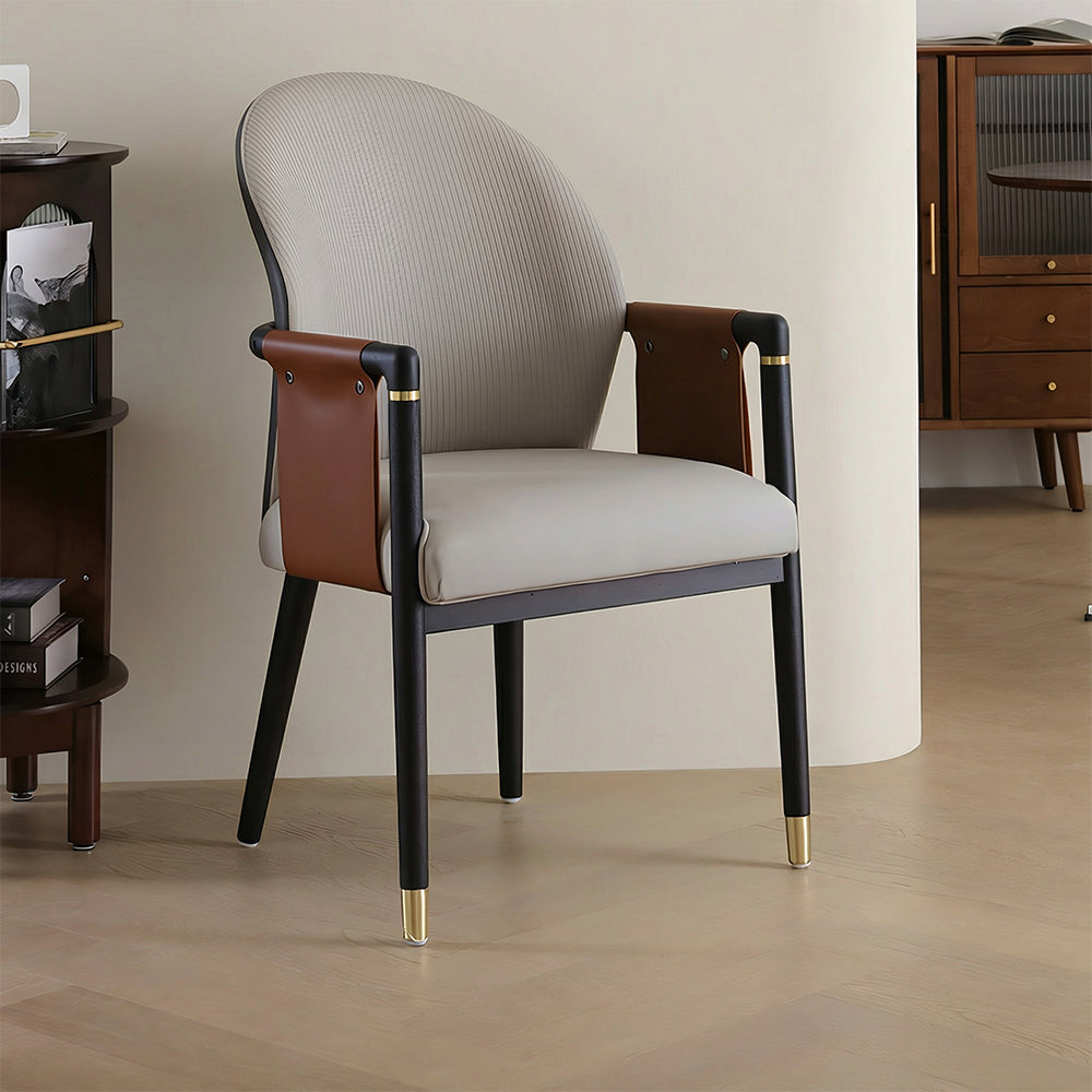 Modern Upholstered Dining Chair Set of 2 Curved Back Accent Chair with Faux Leather Armrests and Ash Wood Legs