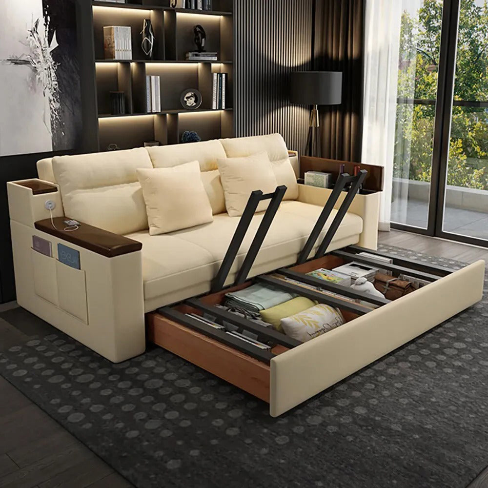 Pull-out sleeper sofa showing the storage and bed mechanism