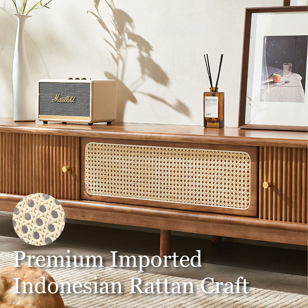 70.2'' TV Stand Sliding Rolling Door Rattan TV Console Media Cabinet for Modern Living