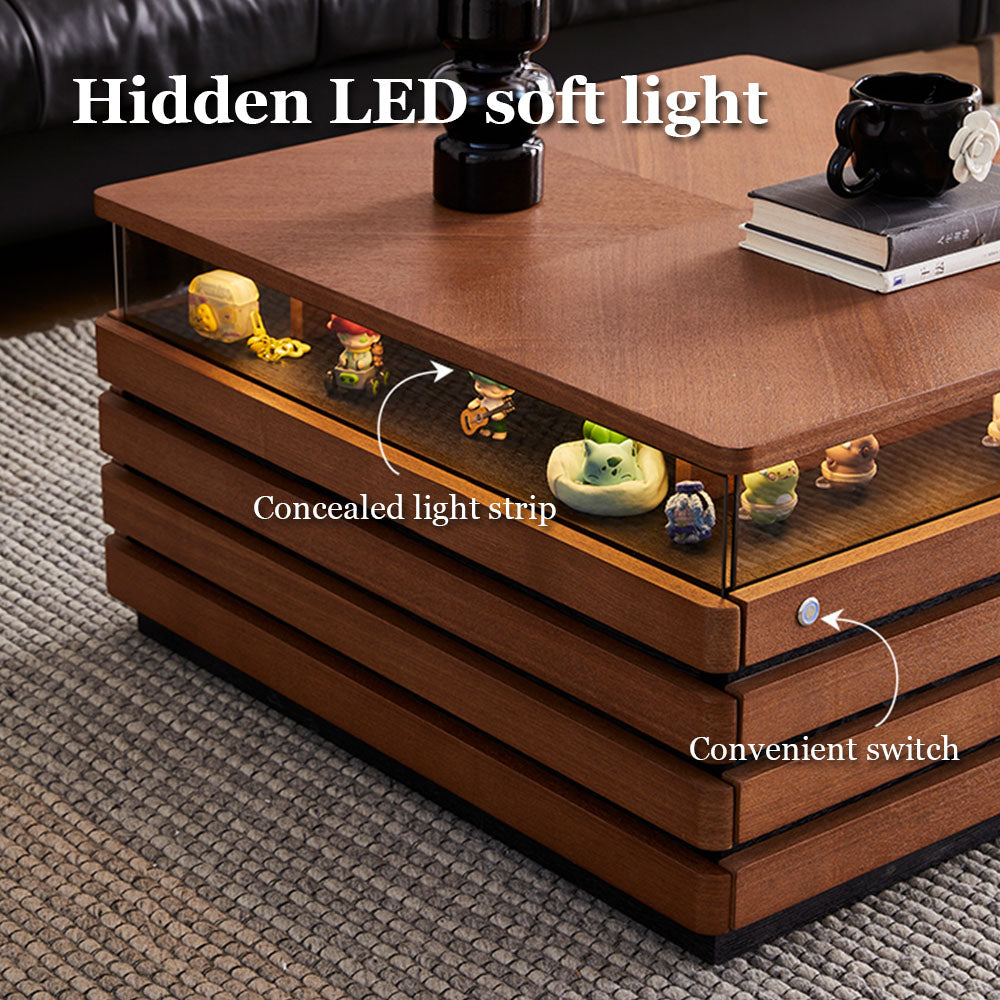 29'' Square Walnut Coffee Table with Built-In LED Display Shelf