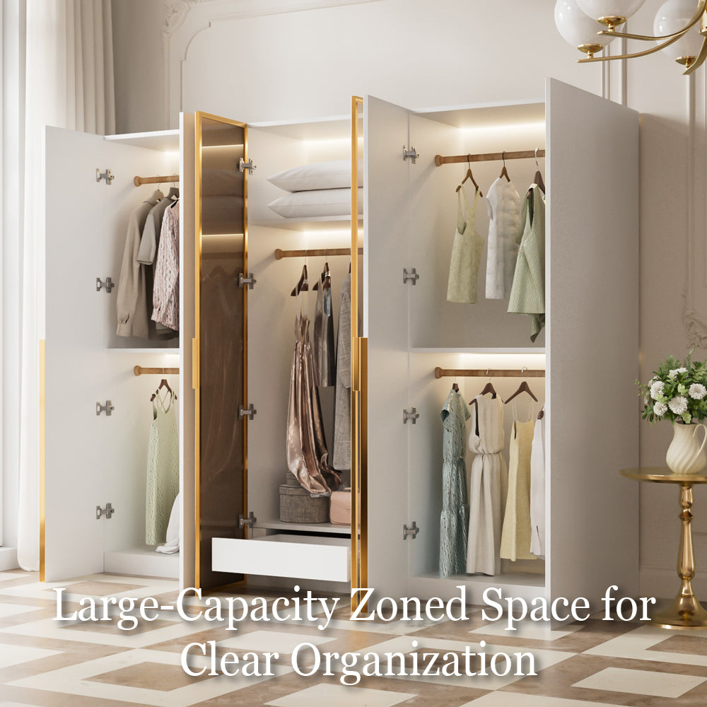 Modern Luxury Six-Door Closet Wardrobe in Champagne Gold and White with Glass Accents & Spacious Storage