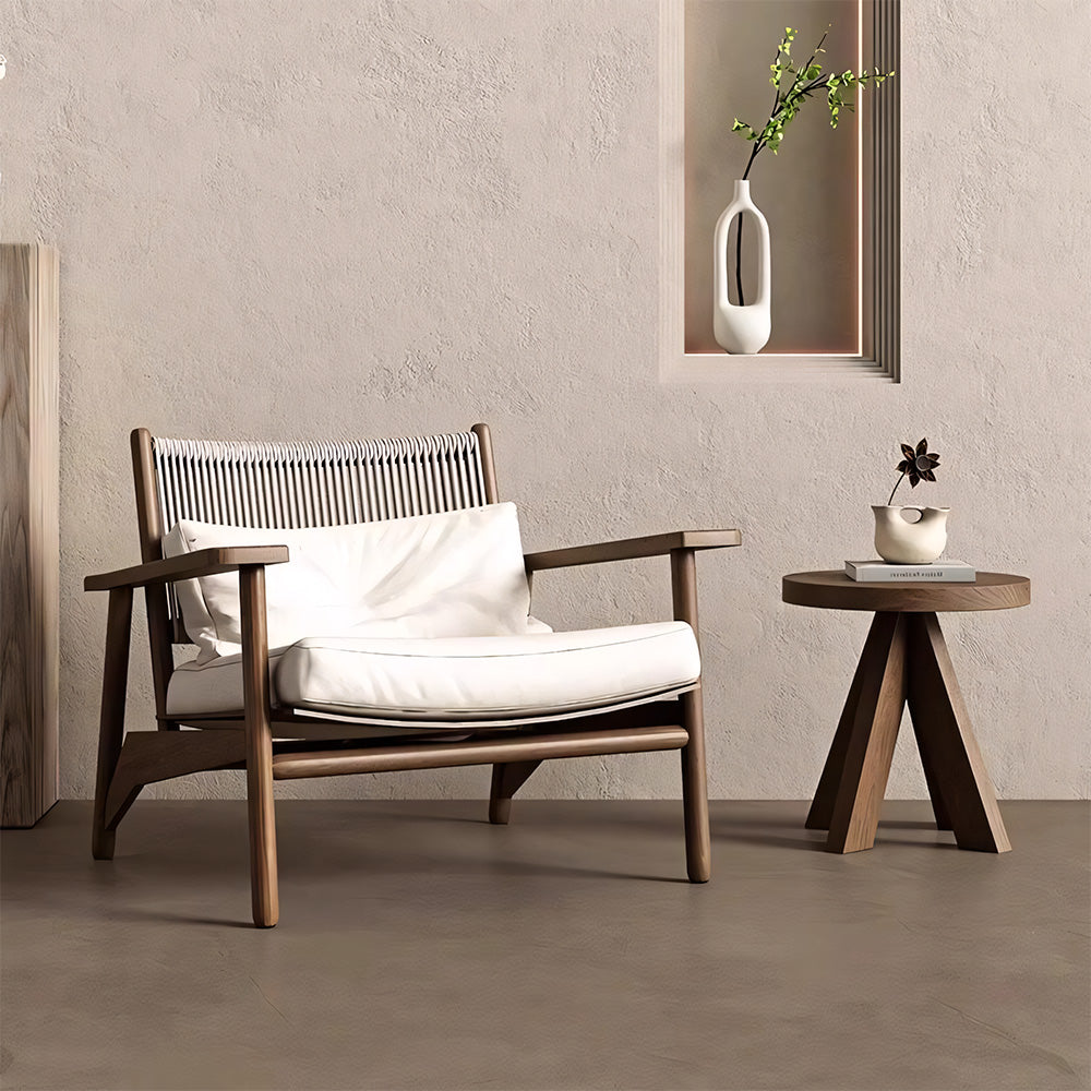 Indoor & Outdoor Solid Wood Lounge Chair with Handwoven Rope Backrest and Plush Cushions 1 Piece