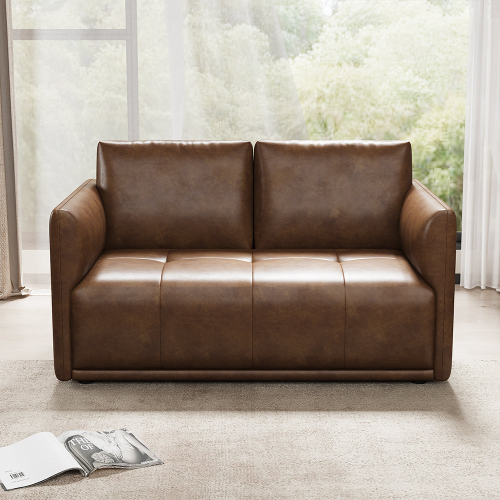 Modern Brown Faux Leather Sofa with Deep Cushions & Clean Lines