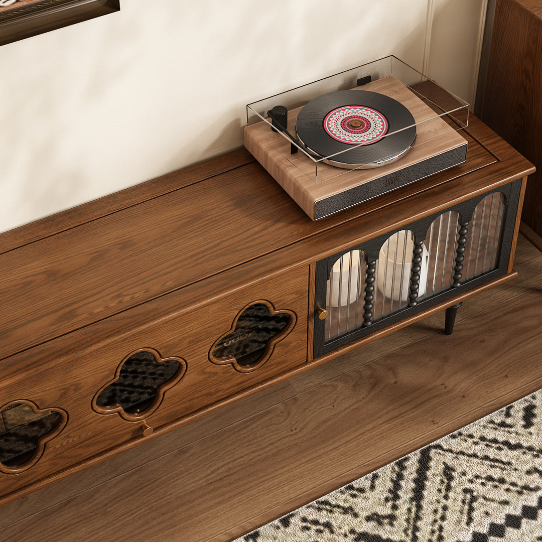 78.74" Mid-Century Walnut TV Stand Arched Glass Doors Vintage Storage Cabinet Retro Wood Finish