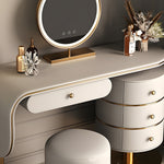 Load image into Gallery viewer, 47.2'' Modern Luxury Vanity Desk with Round Mirror Cream Finish Makeup Table with Storage Drawers and Gold Base with Stool
