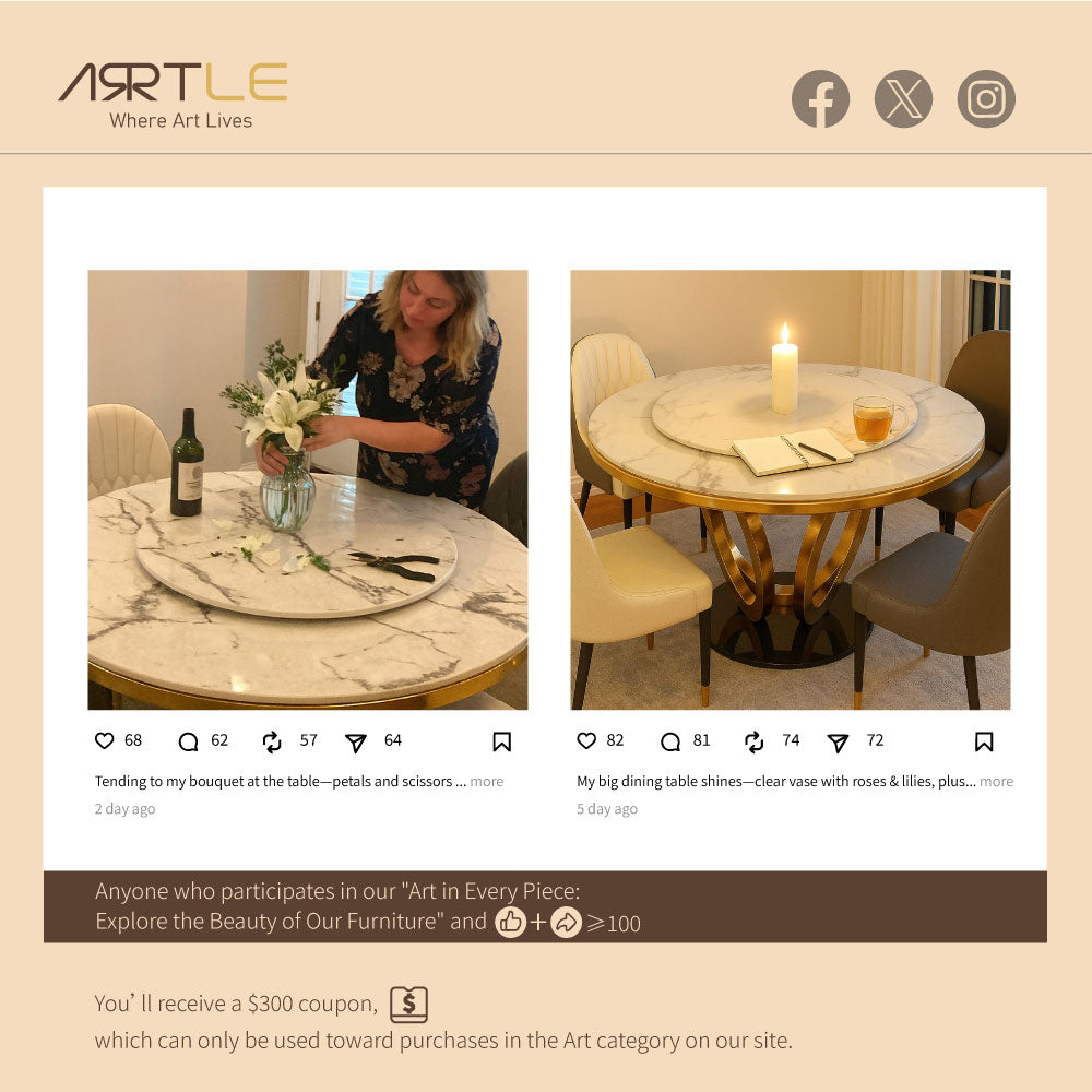 Round Dining Table Lazy Susan Marble Effect Ring Base Gold Accents Perfect for 4-6 People