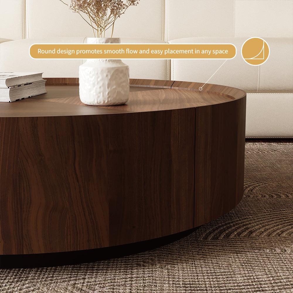 35.1″ Round Wooden Coffee Table Modern Minimalist Design Large Storage Space