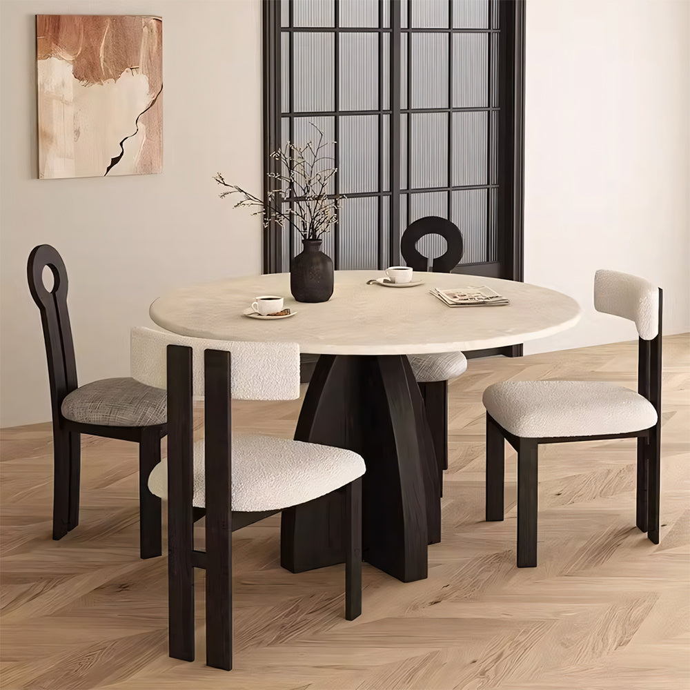 Modern Round Travertine Dining Table Solid Wood Pedestal Base Minimalist Dining Room Table
