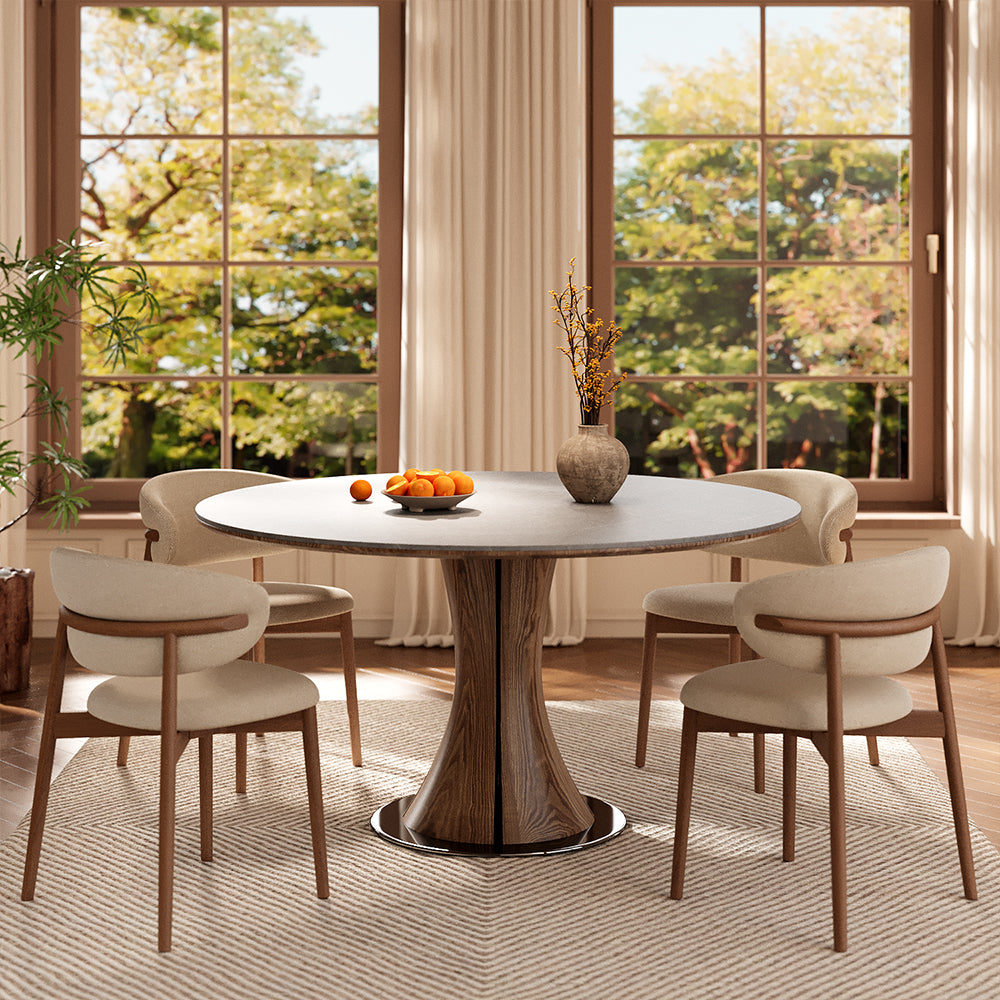 Modern Round Dining Table Scratch-Resistant Surface and Wooden Creative Base Perfect for 4-6 People