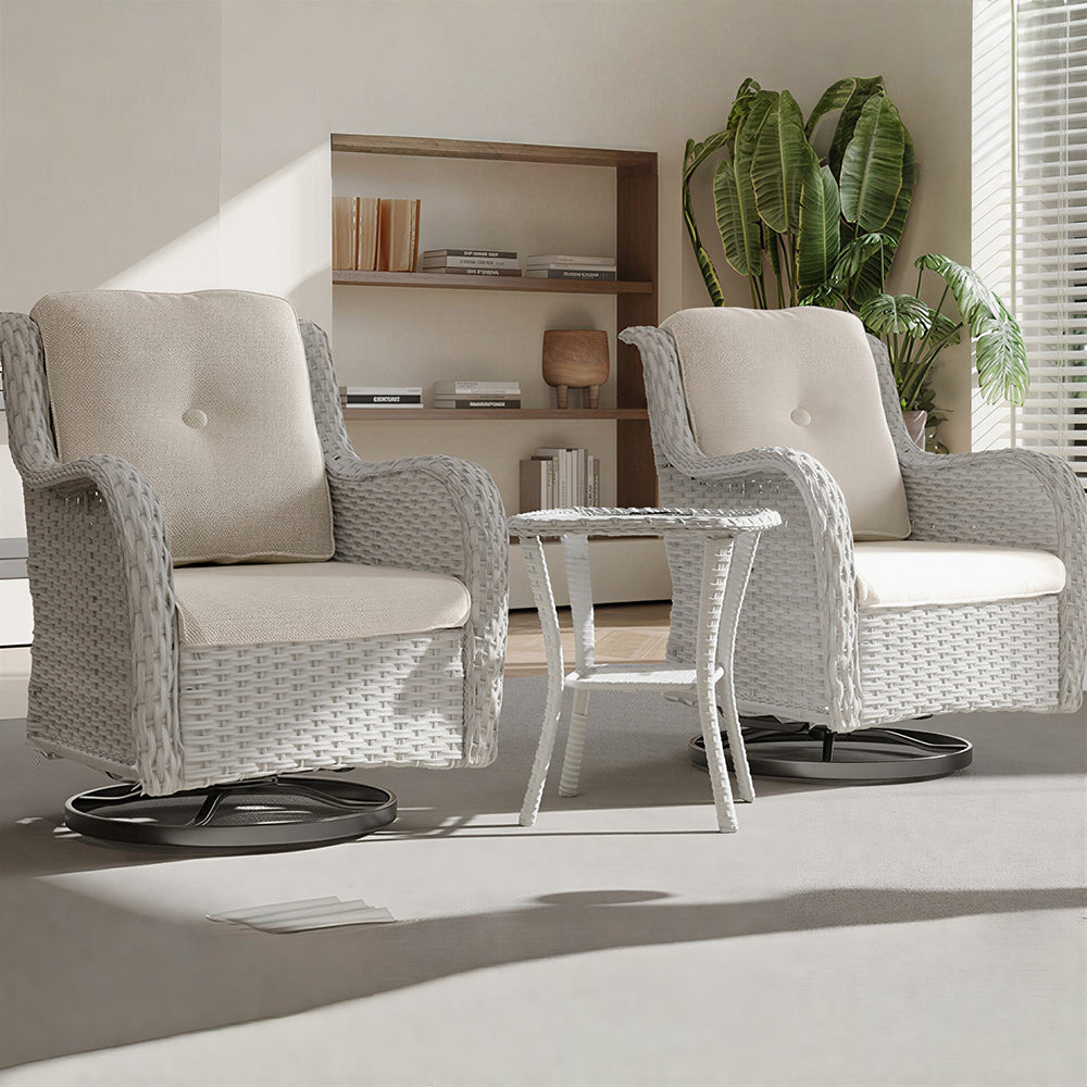 Outdoor Swivel Wicker Lounge Chair Set with Cushions and Matching Side Table