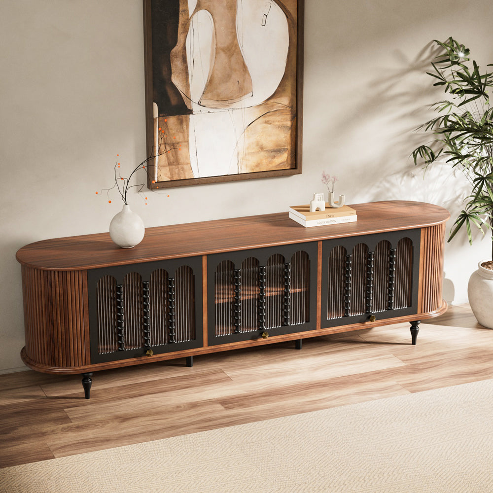 78" Retro TV Stand Curved Edge Design Arched Glass Doors Long Storage Cabinet Vintage Style Unit