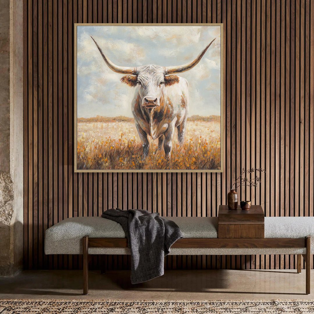 Handmade Rustic Wall Art – Realistic Longhorn Bull Painting for Farmhouse Decor