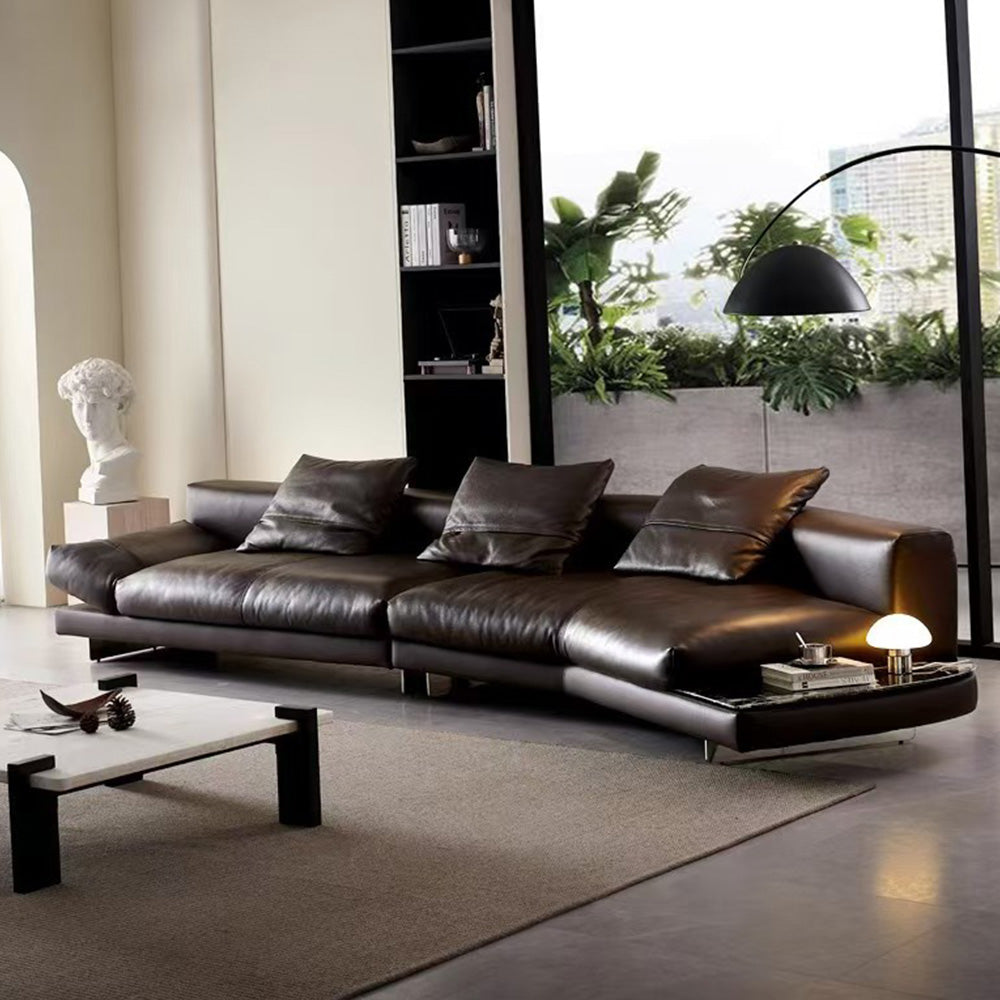 Modern Low-Profile Leather Sofa Deep Brown Upholstery with Wide Armrests & Metal Legs